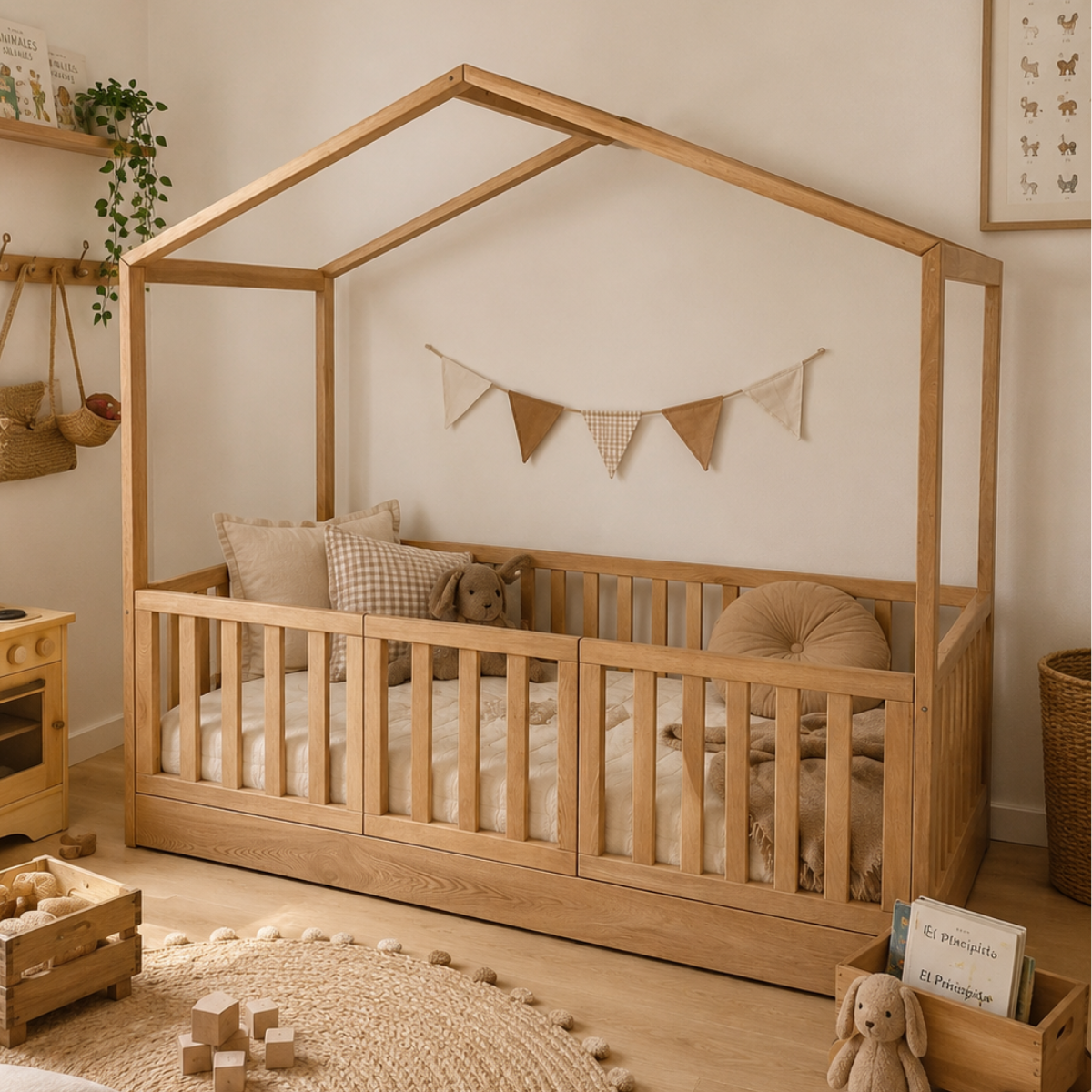 CAMA CASITA MONTESSORI CORRAL COMPLETO TABLILLA